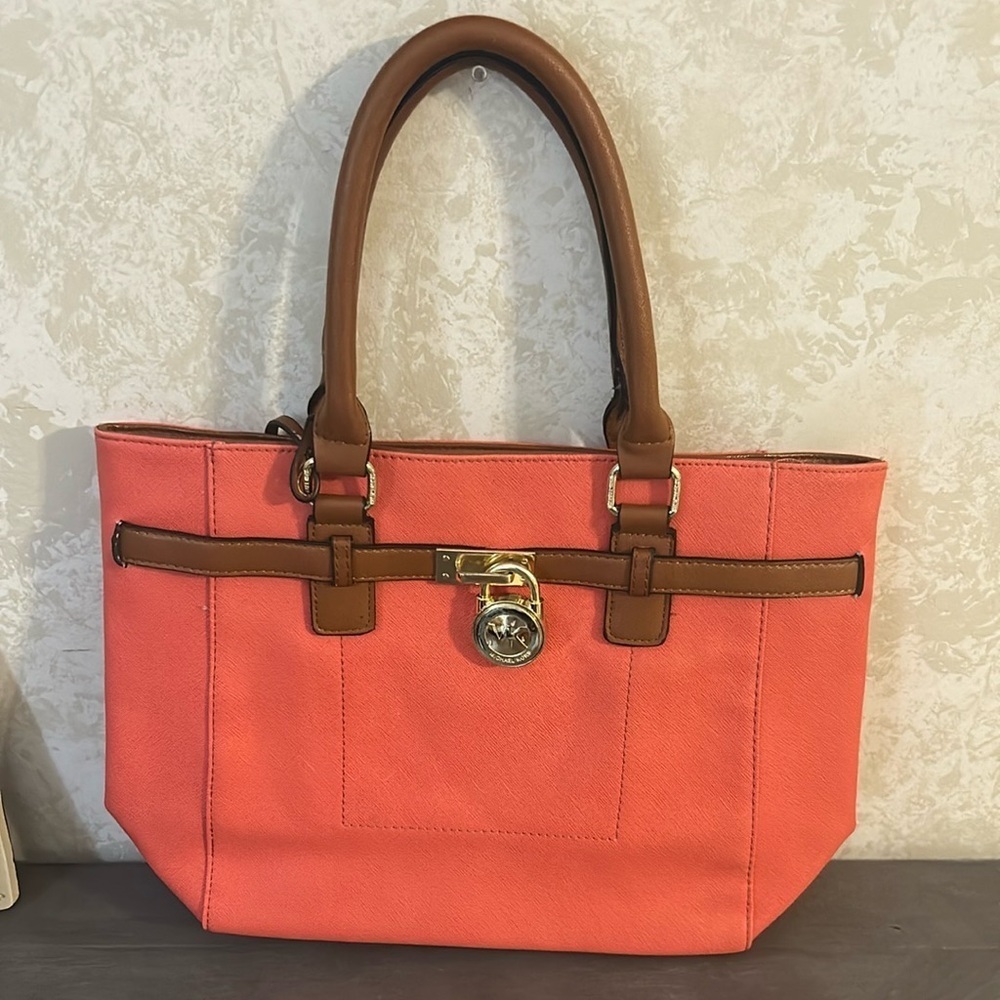COPY - Michael Kors Vibrant Orange and Brown Tote with Gold Accent